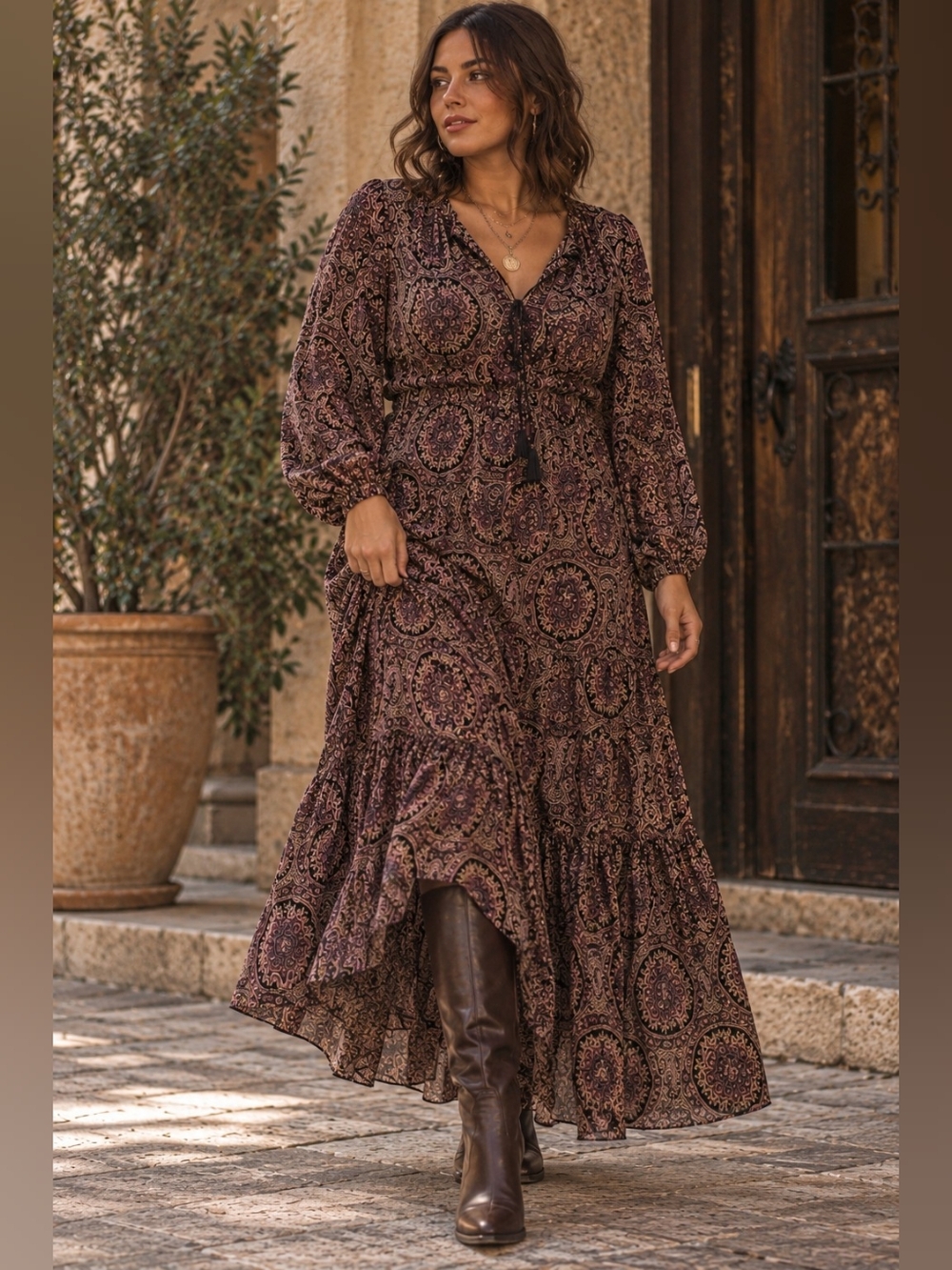 Whimsigoth Purple Paisley Midi Dress Boho Witchy Smocked Waist L/XL Dark Romance